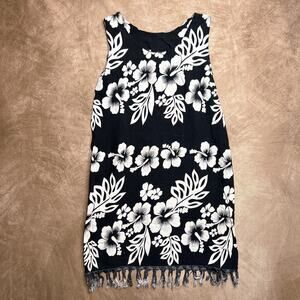 Vintage Y2K Want! Black & White Hibiscus Floral Print Fringe Mini Shift Dress